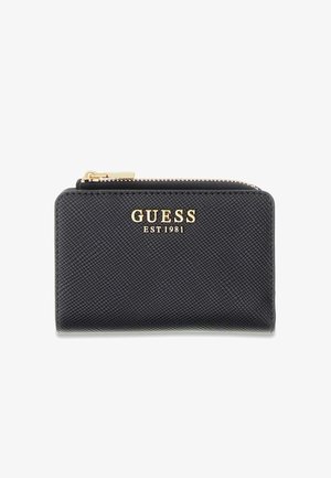 Portafoglio nero testurizzato con cerniera dorata e logo dorato "GUESS EST 1981" sul davanti.