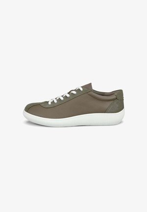 Grüne Leder-Sneaker mit weißen Gummisohlen, die einen glatten Korpus, Wildlederelemente und weiße Schnürsenkel aufweisen. Komfortorientiertes Design.