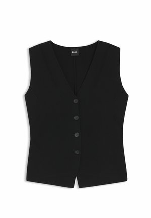 Schwarze ärmellose Weste mit Knopfleiste, V-Ausschnitt und tailliertem Schnitt, mit vier Knöpfen vorne und einem BOSS-Etikett im inneren Halsausschnitt.