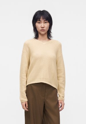 Jeune femme aux cheveux noirs raides portant un pull beige texturé et un pantalon marron ample, debout devant un fond blanc uni.