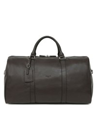 Borsa da viaggio in pelle marrone con manici arrotondati, chiusura superiore a zip e etichetta per bagagli. Superficie strutturata con dettagli sottili.