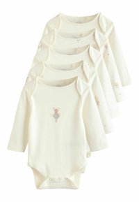 Five cream-colored long-sleeve baby bodysuits with animal and star prints, front snaps, and envelope necklines, layered in a staggered stack.