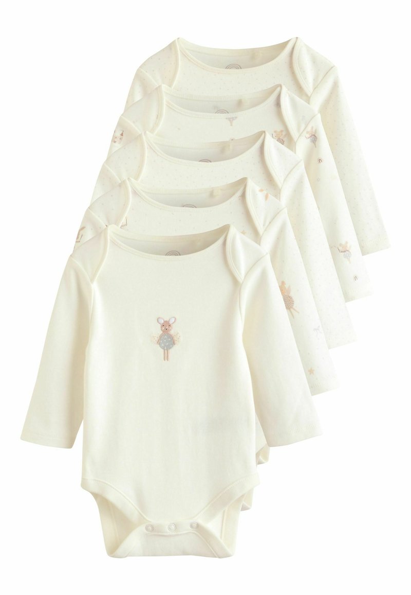 Five cream-colored long-sleeve baby bodysuits with animal and star prints, front snaps, and envelope necklines, layered in a staggered stack.
