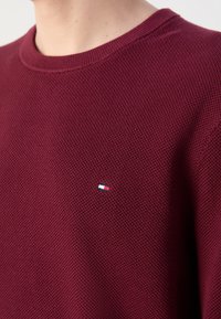 Pull en maille bordeaux avec col rond, doté d'un petit écusson logo en bleu, blanc et rouge sur la poitrine. Tissu texturé.