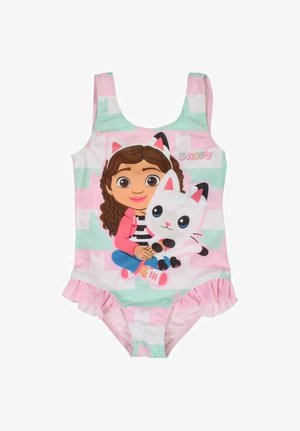 Maillot de bain une pièce avec un personnage de dessin animé aux cheveux bruns, tenant un chat blanc. Couleurs comprenant rose pastel, vert menthe et rayures.