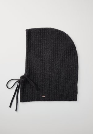 Black knitted bonnet with a ribbed texture, featuring a tied ribbon on one side and a small logo accent at the base.