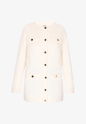 Gehaakte cardigan in roomkleur met een kabelpatroon, ronde halslijn, voorzakken, zwarte knopen en rib gebreide manchetten. Relaxte pasvorm en gestructureerde stof.