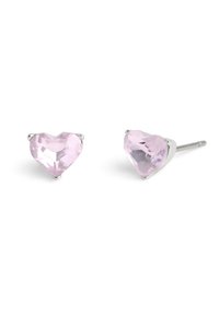 Heart-shaped stud earrings, featuring light pink faceted stones set in silver-tone metal. Simple design, polished finish, and secure post backs.