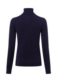 Marineblauer Pullover mit hohem Kragen, langen Ärmeln und einem glatten Strickmuster. Einfaches Design ohne sichtbare Muster oder Akzente.