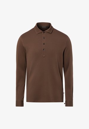 Braunes Langarm-Poloshirt mit Knopfleiste und Kragen, vor weißem Hintergrund dargestellt.