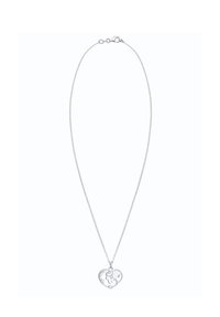 Sølv kædedyse med en hjerteformet vedhæng med et verdenskortdesign, glat overflade og en muslingekrog-lukning.