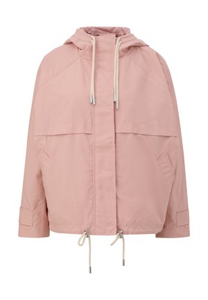 Helle rosa Kapuzenjacke mit frontalem Reißverschluss, verstellbaren Kordelzügen an Kapuze und Saum, Seitentaschen und langen Ärmeln mit Riemendetails.