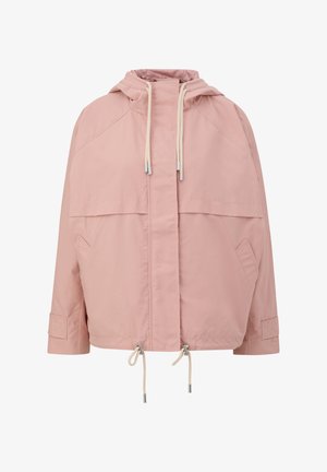 Jasnoróżowa kurtka z kapturem, z zamkiem błyskawicznym z przodu, regulowanymi sznurkami w kapturze i u dołu, kieszeniami bocznymi oraz długimi rękawami z detalami na paski.