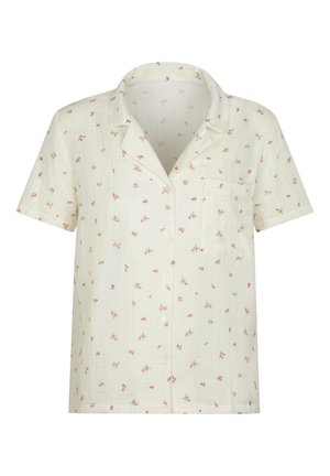 Roomkleurig overhemd met korte mouwen, knoopsluiting, een klein roze bloemenpatroon en een borstzak.