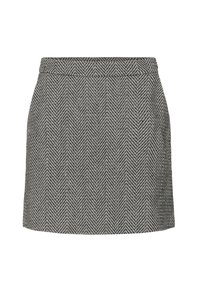 Zwart-wit rok met visgraatpatroon in een rechte silhouet, taillebanddetail en een gladde textuur. Korte lengte.