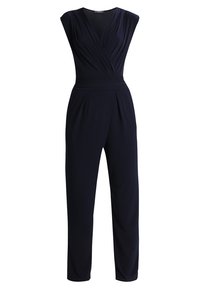 Combinaison bleu marine avec un devant croisé et des jambes larges. Caractérisée par une taille ajustée, un design sans manches et une texture de tissu douce et lisse.