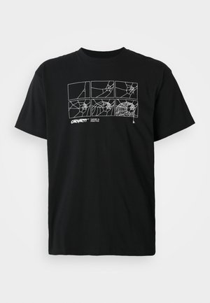 Černé bavlněné tričko s grafikou pavučin v bílém liniovém umění na hrudi. Krátké rukávy a design s kulatým výstřihem.