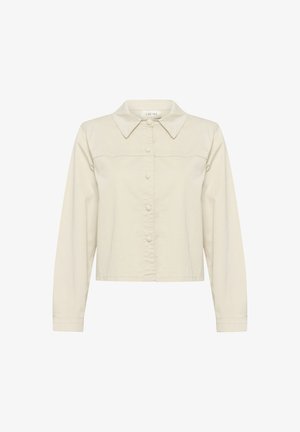 Beige cropped button-up jas met een puntig kraag, lange mouwen, een voorpand en een gladde, zachte stofstructuur.