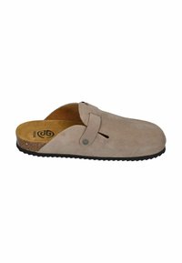 Light brown suede slip-on clog with a single strap and metal button, cork footbed, and black ridged sole.