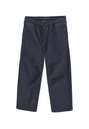 Navy blue casual pants with elastic waistband and drawstring, two side pockets, and wide straight legs.