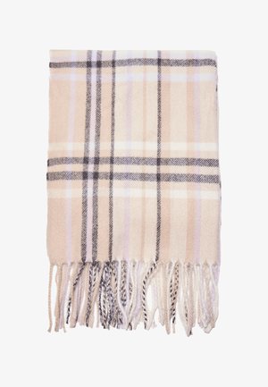 Sciarpa a quadri beige con strisce nere, bianche e lavanda. Texture morbida, bordi frangiati, forma rettangolare, tessuto leggero.