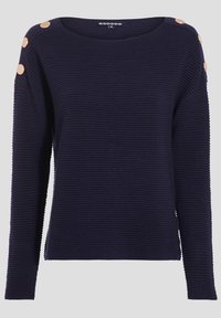 Námořnický svetr s žebrovanou strukturou, širokým výstřihem a dlouhými rukávy. Na každém rameni jsou tři světle hnědé knoflíky jako kontrastní prvek.