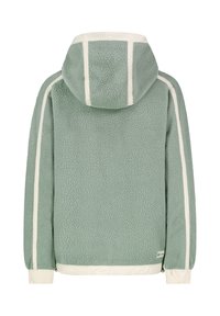 Mintgroene fleecejas met een textuurafwerking, verstelbare capuchon en contrasterende witte strepen langs de zijkanten en de onderrand.