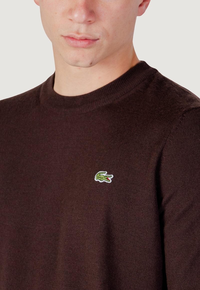 Pull en maille marron avec un col rond et un petit logo alligator vert et blanc sur la poitrine gauche. Texture lisse, design ajusté.
