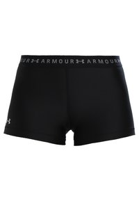 Czarne sportowe szorty o gładkiej fakturze, z szerokim czarnym paskiem w talii z nadrukiem "ARMOUR" w kolorze szarym. Po boku znajduje się logo.