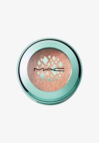 Ronde, teal container met een reflecterende rand, gevuld met een glinsterend roségoud poeder. Heeft een overlay met een diamanten patroon en logo.