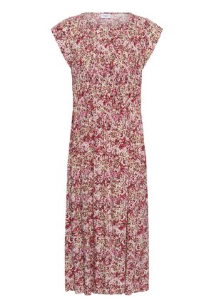 Robe midi fleurie avec des motifs abstraits roses, rouges et bruns, manches courtes ballon et encolure ronde.