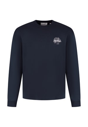 Navyblauwe lange mouwen crewneck shirt met klein wit "Pure Path" logo op de linkerkant van de borst, eenvoudig ontwerp, geribbelde manchetten.