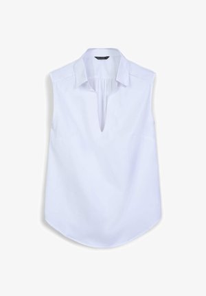 Blouse blanche sans manches avec un col, présentant un décolleté en V, une texture douce et un ourlet arrondi. L'étiquette indique "CALLIOPE".