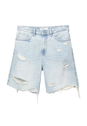 Helle blaue Jeansshorts mit distressed Details, fransigem Saum, fünf Taschen, Metallknopfverschluss und Gürtelschlaufen. Lässiger, lockerer Schnitt.