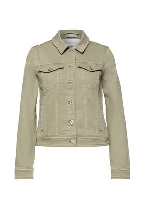 Hellbeige Jeansjacke mit Knopfleiste, zwei Brusttaschen mit Klappen und langen Ärmeln.