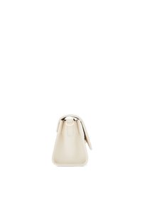 Miniature cream leather bag with a textured finish, triangular shape, and a top handle. Features a gold-tone hardware closure.