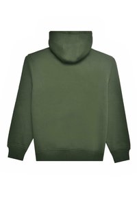 Ciemnozielona bluza z kapturem z przednią kieszenią kangurkową, miękka tekstura materiału, obszerne kieszonka oraz ściągacze przy mankietach i hemie. Widok z tyłu.