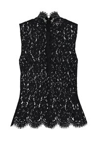 Svart spetsblus med hög, flätad halsringning. Har en scalloped fåll och intrikata blommönster. Ärma design med genomskinlig textur.