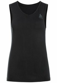 Débardeur athlétique sans manches noir en tissu lisse et léger. Présente un design en V et un logo sur la poitrine gauche.