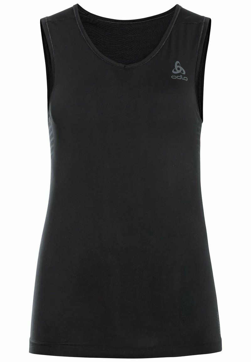 Débardeur athlétique sans manches noir en tissu lisse et léger. Présente un design en V et un logo sur la poitrine gauche.