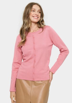Pink ribbed cardigan with long sleeves, front button closure, and a round neckline. The fabric appears soft and textured.