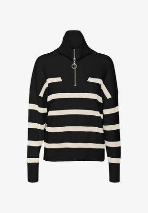 Gestreiftes Turtleneck-Pullover in Schwarz und Creme mit einem Reißverschluss am Ausschnitt, lockerer Passform und strukturiertem Strickmaterial. Akzentuiert mit einem silbernen Hardware-Detail.