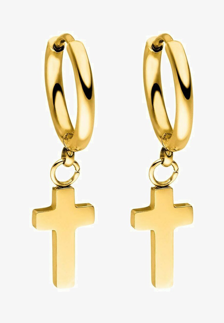 Goldene Creolen mit hängenden flachen Kreuz-Anhängern. Detaillierte, glänzende Oberfläche mit glatten Flächen. Runde Form mit einem sicheren Verschlussmechanismus.