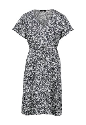 Czarna i biała sukienka na krótki rękaw z dekoltem w serek i abstrakcyjnym wzorem liści, z paskiem marszczącym w talii i długością do kolan.
