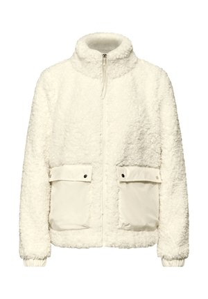 Veste en polaire blanche avec un col montant, une fermeture à glissière et deux poches avant en matériau lisse. Surface texturée et douce avec des poignets élastiques.