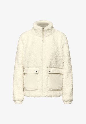 Witte fleecejas met een hoge kraag, ritssluiting en twee voorzakken van glad materiaal. Textuur met een zachte oppervlakte en elastische boorden.