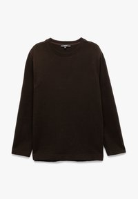 Langarmshirt in Dunkelbraun, aus geripptem Stoff. Verfügt über einen Rundhalsausschnitt und einen geraden Saum ohne sichtbare Beschläge oder Akzente.