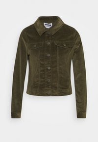 Olive green corduroy jacket with long sleeves, button-up front, collar, and two buttoned chest pockets.