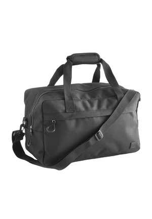 Zwarte rechthoekige duffelbag met twee handvatten, een gevoerde grip, een voorvak met rits en een verstelbare schouderriem op een witte achtergrond.