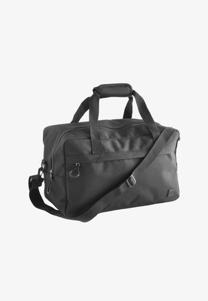 Zwarte rechthoekige duffelbag met twee handvatten, een gevoerde grip, een voorvak met rits en een verstelbare schouderriem op een witte achtergrond.